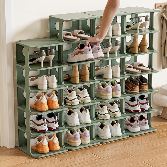 HAIXIN Vertical Shoe Rack Organizer for Entryway, 5 Tier Narrow Small Shoe Rack for Closet, Plastic Compact Shoe Storage for Door - Green