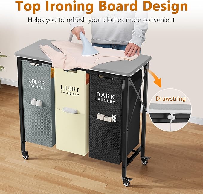 3 Section Laundry Sorter with Ironing Board, Laundry Hamper with Removable Bags, Heavy-Duty Rolling Laundry Cart with Lockable Wheels for Bathroom Bedroom
