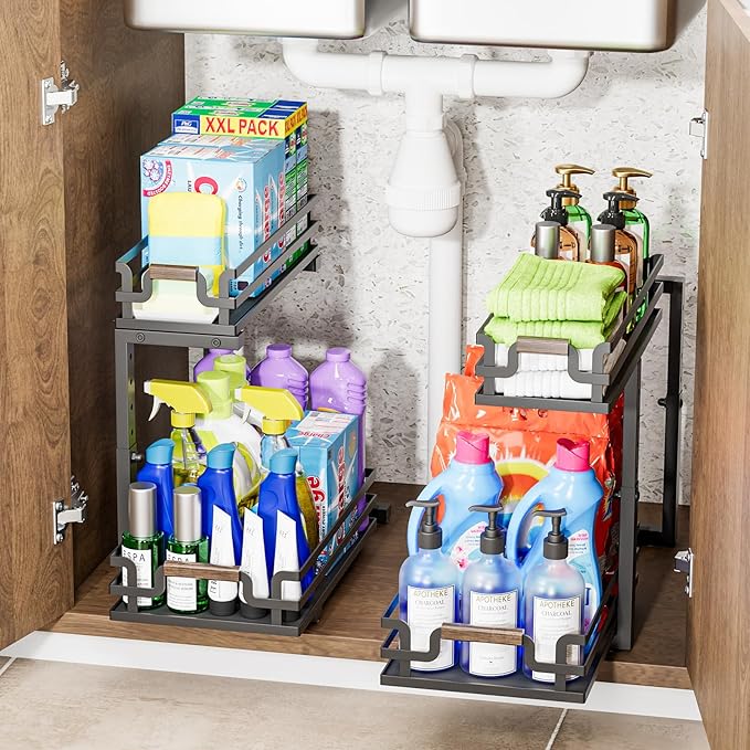 BXINREDA Under Sink Organizer, 2 Tier Slide Out Storage for Bathroom Kitchen (2 Pack)