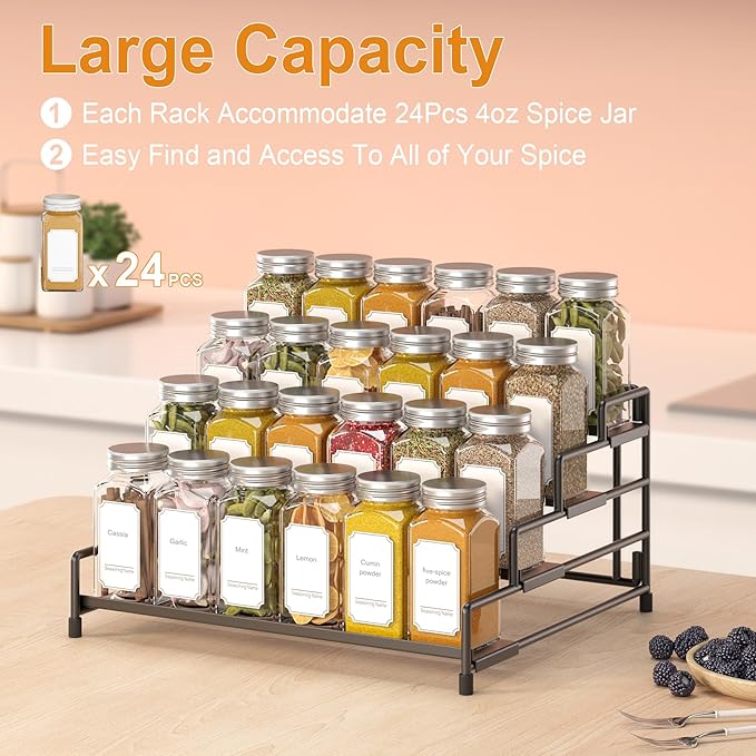 4-Tier-Spice-Rack-Organizer-for-Cabinet, Adjustable Depth Spice Holder Shelf For Countertop Pantry Cupboard, Metal Tiered Seasoning Organizer,Display Shelf Riser (Black-2 Pack)