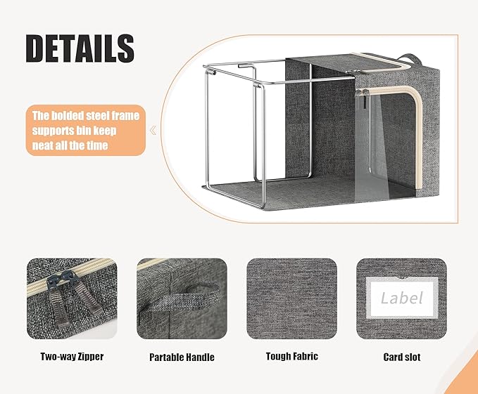 3 Openings Clothes Storage Bins with Metal Frame, Foldable Storage Bin for Clothes, Clothing Storage Bins with Lid, Linen Storage Box With Clear Window＆ Zippers＆ Durable Handles.(3 Pcs,Dark Grey,40L)