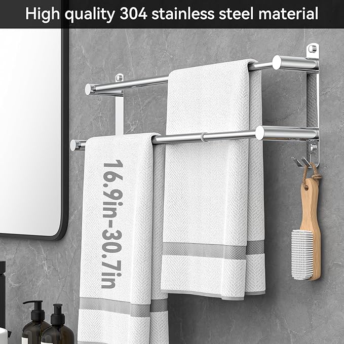 CAXIMSY Adjustable Towel Bar for Bathroom Wall Mount17-30.7inch Adhesive Shower Towel Rack Stainless Steel Bath Towel Holders for Toilet Kitchen Double Towel Hanger (2 Layer)