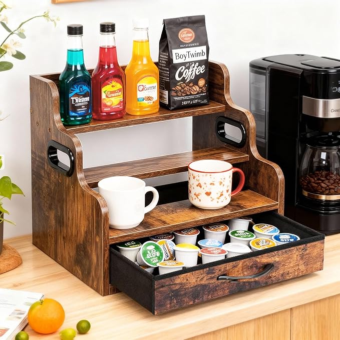 Liquor Bottle Display Shelf 3 Floors with Drawers Countertop Wine Rack can Accommodate 12 Bottles and 36 K Cups, Minibar Coffee Syrup Storage Box, Whiskey