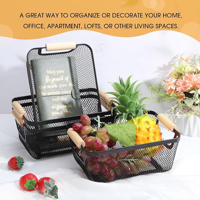 4 Pcs Metal Wire Basket with Wooden Handles Mesh Steel Storage Organizer Bin Containers for Home Organizing Cabinet Pantry Closet Kitchen Fridge Fruit Makeup Snacks Gifts(Small,Black)