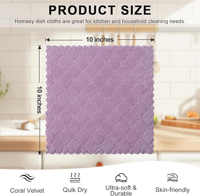 Homaxy 12 Pack Kitchen Cloths Dish Towels (10" x 10", Purple), Super Soft and Absorbent Dish Cloths, Coral Velvet Microfiber Cleaning Cloth, Nonstick Oil Fast Dry Dishcloths
