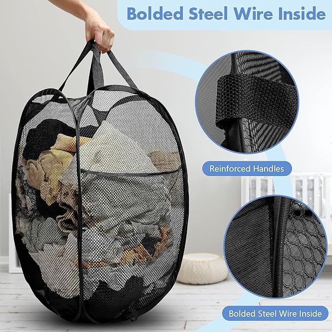 DUCOO Pop Up Hamper, 1 PCS Mesh Pop Up Laundry Hamper, Foldable Mesh Laundry Basket with Space-Saving Design for Home, Dorm, Travel & Storage - Black