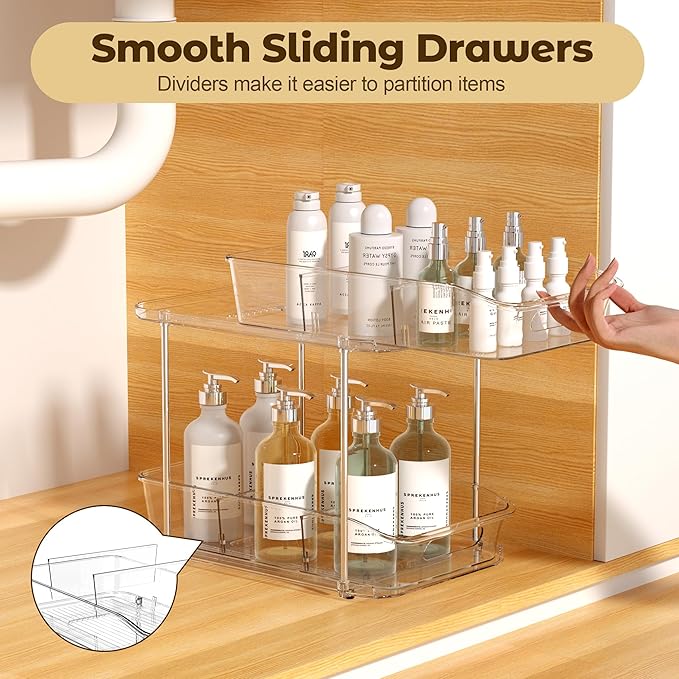 2 Tier Pull-Out Organizer for Bathroom Kitchen, Under Sink Storage with Dividers, Ideal for Cabinet, Cupboard Organization, Slide-Out Clear Storage, 2 Pack