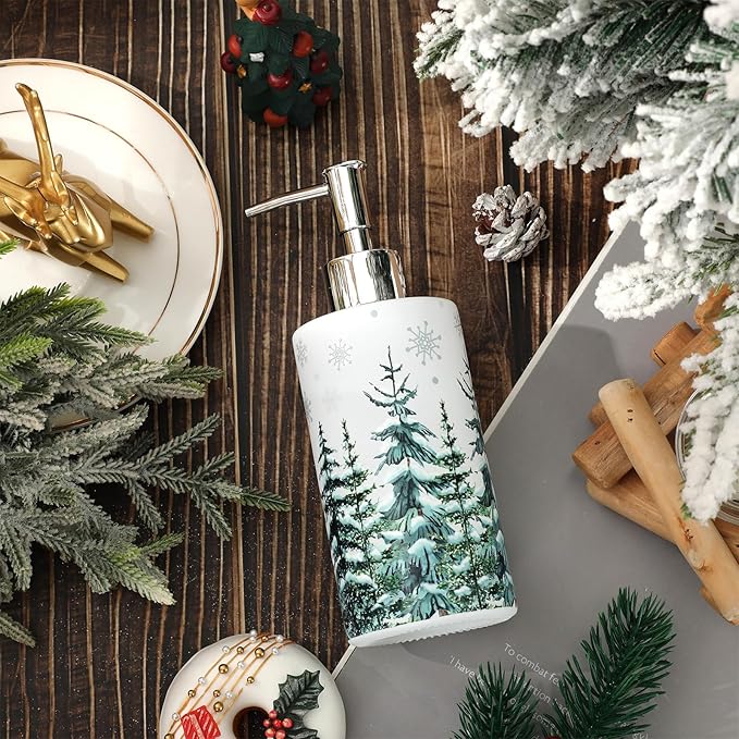 JarThenaAMCS Christmas Soap Dispenser Watercolor Xmas Tree Glass Hand Dispenser with Pump Refillable Liquid Soap Container for Winter Home Kitchen Bathroom Countertop