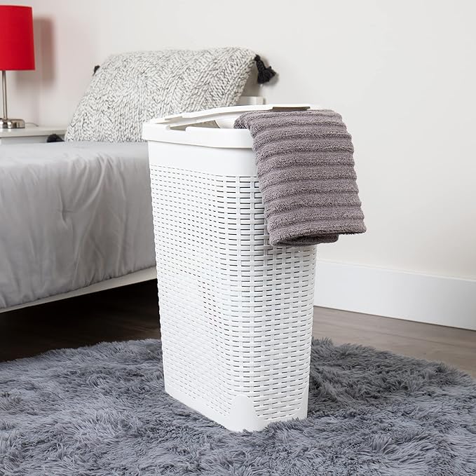 Mind Reader Slim Laundry Hamper with Lid, 40L Clothes Basket, Premium Wicker Design, Plastic, Set of 2, White