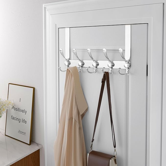 Dseap Over Door Hook 2.0 - Upgraded Version - Simple-Assembly, Strong, Heavy-Duty Stainless Steel 5-Tri-Hook Over The Door Hanger Rack, SimpleStrong Series, Chromed
