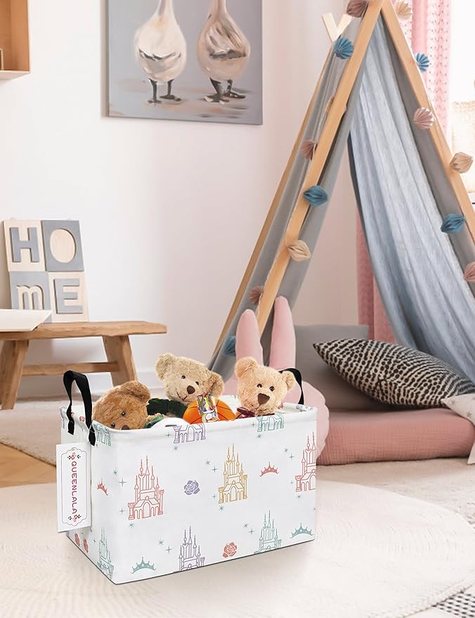 QUEENLALA Rectangular Laundry Hamper/Foldable Nursery Laundry Basket for Organizing/Storage Bin Baskets/Children Toy Office Bedroom/Toy Bin Closet Shelf Baskets（Rec-Rose Castle）