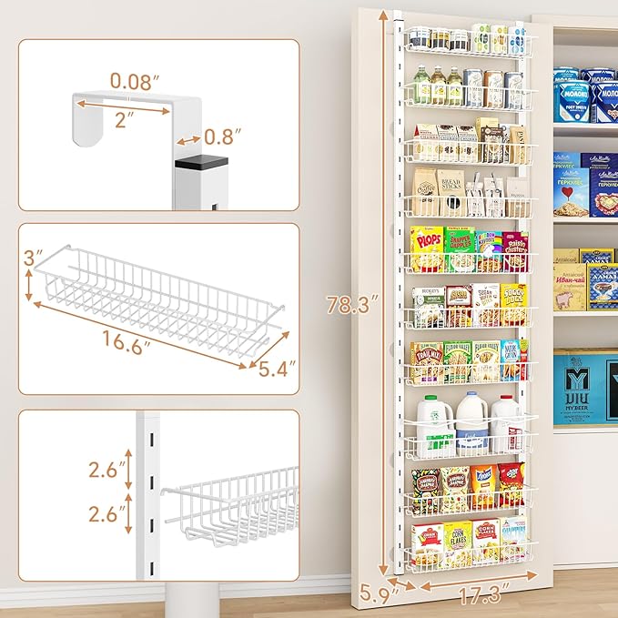 MIAOLI Over the Door Pantry Organizer, 10-Tier Adjustable Spice Rack Cabinet Door Shelves, Hanging Seasoning Organizer for Kitchen Bathroom, Laundry Room Organization, White