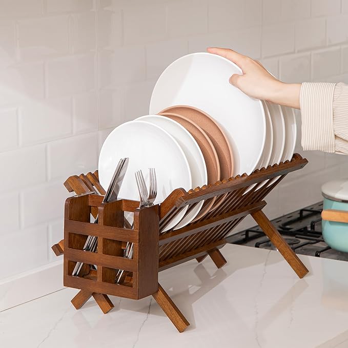 HBlife Dish Rack,Teak Folding 2-Tier Collapsible Drainer Dish Drying Rack with Utensils Flatware Holder Set