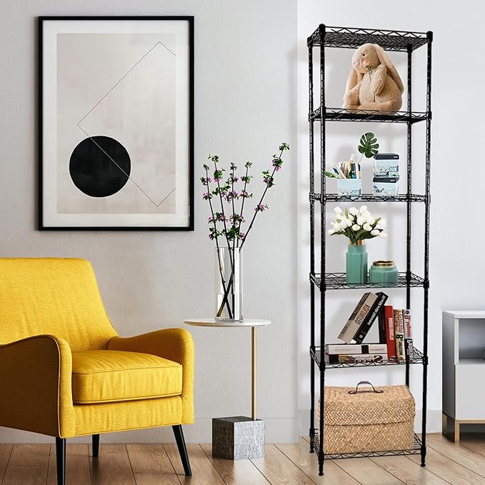 6-Tier Wire Shelving Adjustable Shelves Unit Metal Storage Rack for Laundry Bathroom Kitchen Pantry Closet Organization (Black, 16.6" L x 11.4" W x 64.6" H)