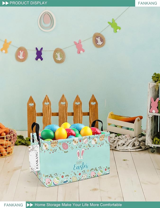 FANKANG Storage Bins, Nursery Hamper Canvas Laundry Basket Foldable with Waterproof PE Coating Large Storage Baskets for Kids Boys and Girls, Office, Bedroom, Clothes,Toys(Easter basket
