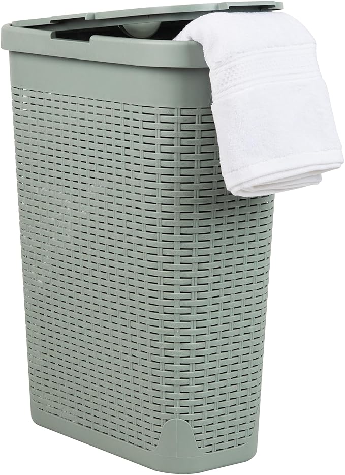 Mind Reader Slim Laundry Hamper with Lid, 40L Clothes Basket, Premium Wicker Design, Plastic, Mint