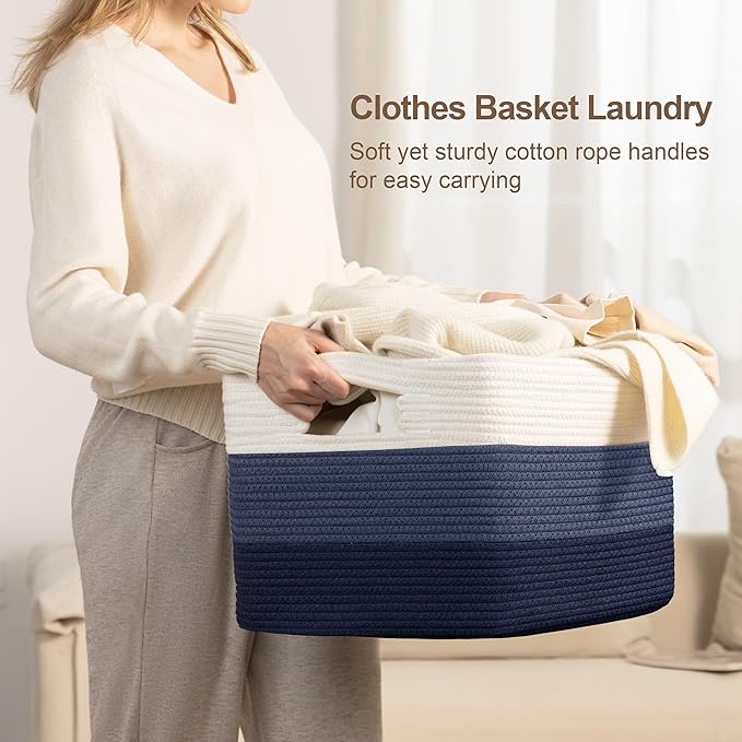 72L Large Laundry Basket with Leather Handles for Living Room Storage, Woven Rope Baskets Bin for Blanket, Kids Toy, Gifts, Wicker Hamper for Bedroom Dirty Clothes, 22"x17"x12" Gradient Blue