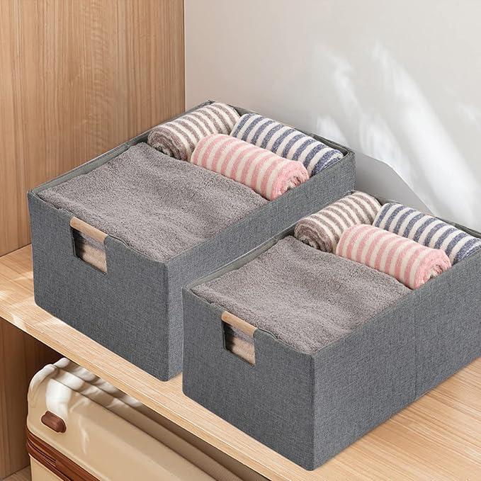 Fabric Storage Bin Box Foldable Cotton Linen Storage Basket with Wooden Handles Rectangular Cube Decorative Home Laundry Organizer Clothes Blanket Container – Gray, Large
