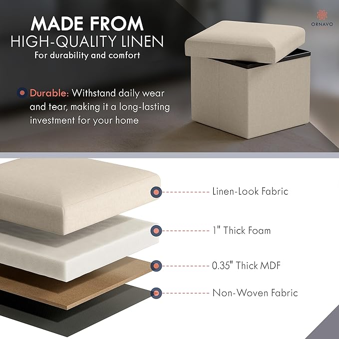 Ornavo Home Small Storage Ottoman, Set of 2 Foldable Collapsible Cube Square Linen Ottoman Foot Rest Stool Seat, for Living Room, Bedroom, Home Office, Dorm - 12 x 12 x 12, Beige