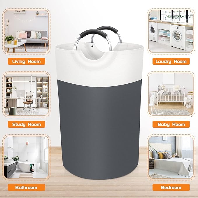BlissTotes 75L Laundry Basket, Freestanding Laundry Hamper, Collapsible Dirty Clothes Hamper, Waterproof Fabric with Foam Protected Aluminum Handles for College, Dorm, Family (Gray)