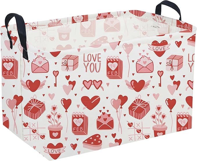 Sanjiaofeng Rectangular Valentine's Day Basket Love Storage Bins,Girls Storage Basket with Handles.Clothers,Books,Kid's Gifts Bins. (Pink envelope)