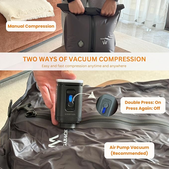 Vacuum Bags for Travel, IP67 Reusable Vacuum Seal Bags for Clothing with Electric Pump, Vacuum Seal Packing cube for Suitcases, Backpack & Travel (2PC+Pump)