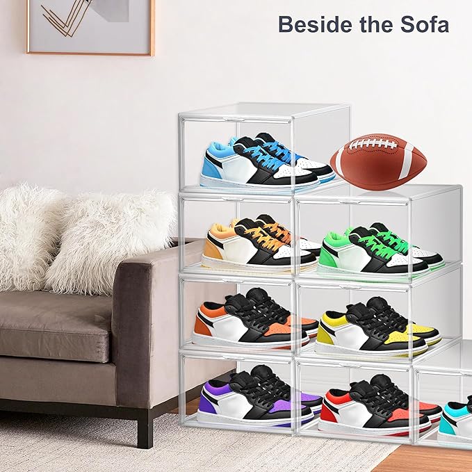 5 Pack Clear Shoe Boxes Size 12 Shoe Storage Organizer for Closet Stackable Shoes Rack Handbag Organizer Plastic Sneaker Storage Bin with Magnetic lids