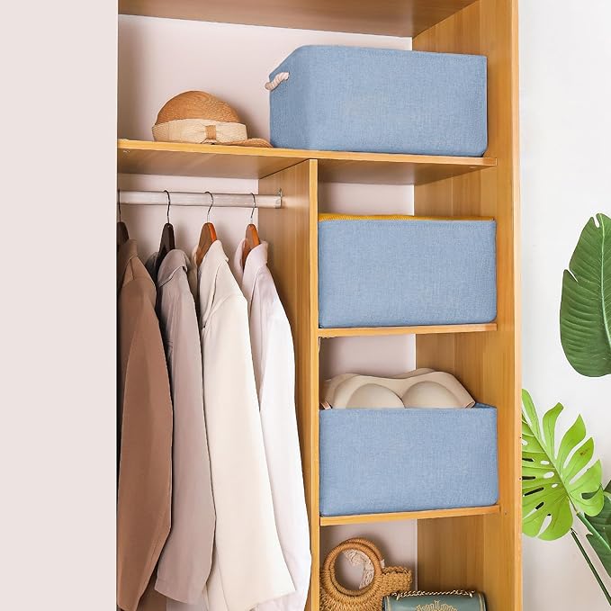 Storage Bins with Sturdy Cotton Handles(3 Pack), Fabric Storage Baskets for Organizing use for Office & Home, Book, Clothes, Toys, Closet Boxes (Large, Blue, 15.7x11.8x7.9 inches)