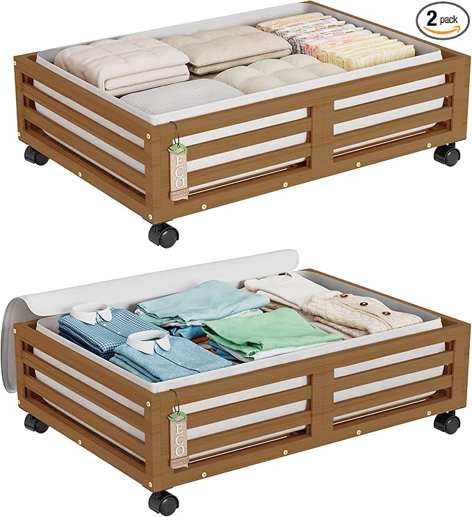 Wisuce Bamboo Under Bed Storage Containers- Underbed Organizer with Wheels with Large Dust Bag,Sturdy Wood Rolling Under the Bed Shoe Storage Organizer Drawer 2 Packs (Walnut, Small)