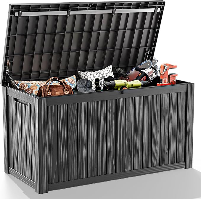150 GallonOutdoor Storage Box,Resin Deck Boxes Waterproof, IndoorOutdoor Bin for Package Delivery, Patio Cushions, Gardening Tools, Lockable, UV Resistant