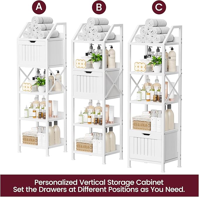 Homeiju Bathroom Floor Cabinet, 5-Tier Bathroom Storage Organizer Rack with Drawer, Multifunctional Corner Unit, 47.24 Inches in Height, White