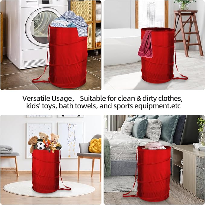 BATTOO Collapsible Laundry Baskets- Foldable Hamper for Laundry Extra Large Pop Up Laundry Hamper 107L with Long Straps Drawstring Clothes Hamper for Bathroom, Campout, Dorm or Travel Red
