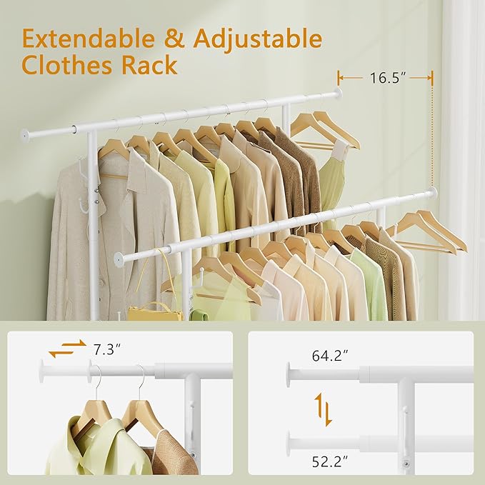 Gewudraw Double Rod Garment Rack, Heavy Duty Rolling Clothes Rack with Wheels For Hanging Clothes, Portable Metal Clothing Rack with Shelves,White, 64.2in Chrome