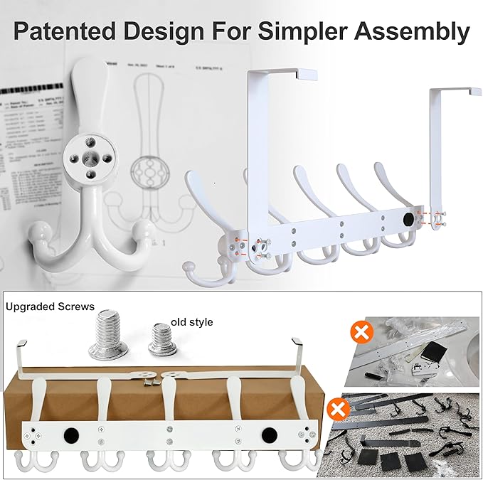 Dseap Over Door Hook 2.0 - Upgraded Version - Simple-Assembly, Strong, Heavy-Duty Stainless Steel 5-Tri-Hook Over The Door Hanger Rack, SimpleStrong Series, Silver
