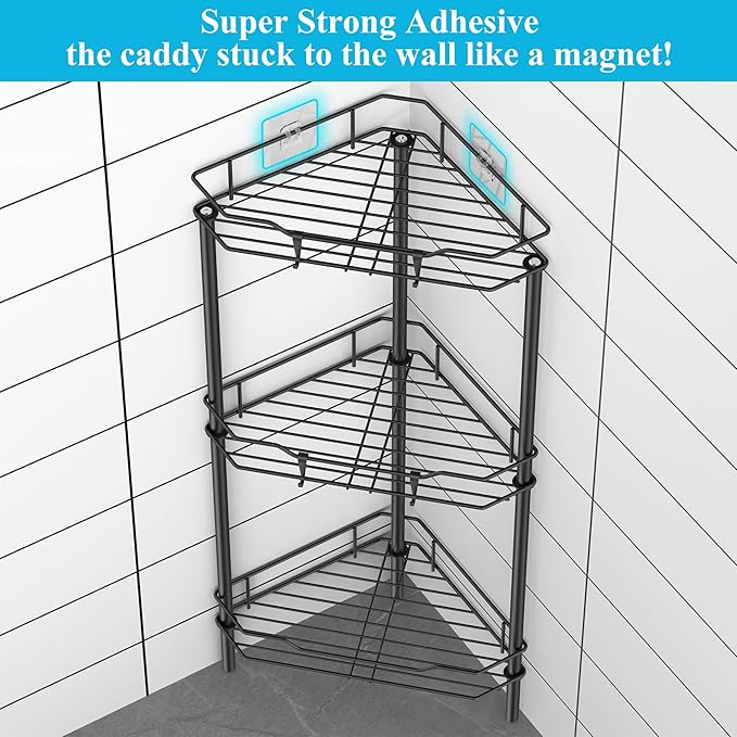 3 Tier Floor Standing Corner Shower Caddy Organizer Shelf with Hooks, Bathroom Shelves Stand Rack, Black