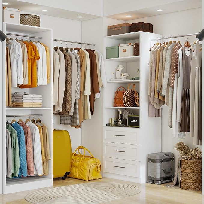 Closet Organizer System Of 4 Sets with 6 Drawers, 8 Shelves, 8 Hanging Rods, 8FT Closet System, Walk In Closet Wood, Modular Closet System Storage White (8FT)