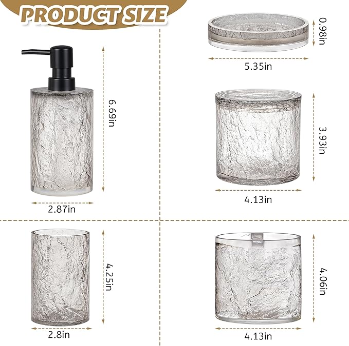 Modern Luxe Bathroom Accessories Set 5 Pcs Resin Bathroom Accessory Set Soap Dispenser Toothbrush Holder Tumbler Soap Dish Cotton Swab Jar Easy to Clean Crackle Pattern Translucent Black