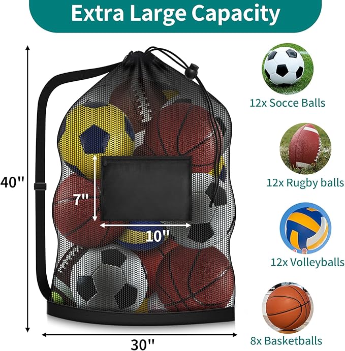 Extra Large Soccer Ball Bag, 40" x 30" Drawstring Mesh Ball Bag with Pocket, Heavy Duty Sport Net Sack for Coaches, Storage Bag for Basketball, Volleyball, Gym Equipment, Swimming Gear