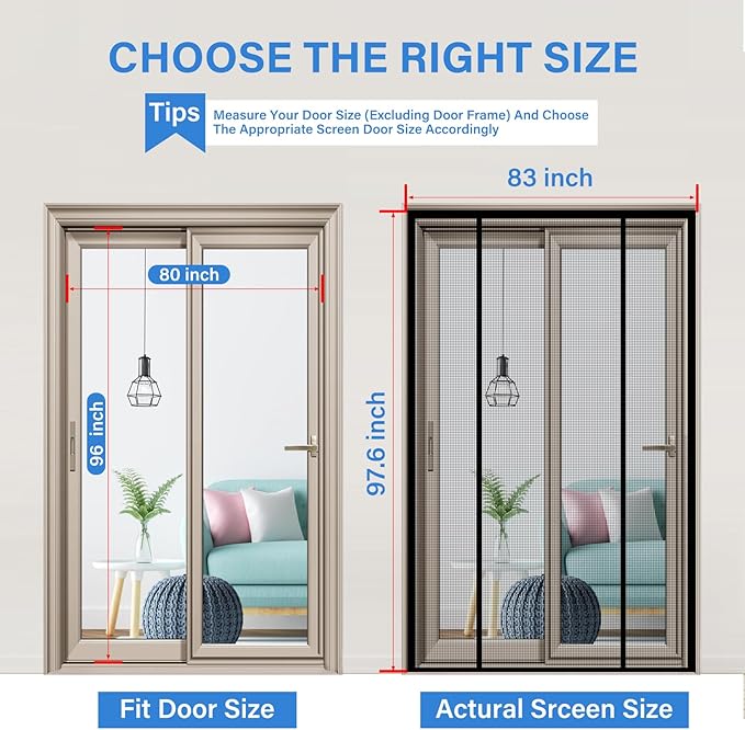 Magnetic Screen Door Upgraded PET Mesh Stronger Than Fiberglass and Polyester,Hands Free,Keeps Bugs Out,Pet & Kid Friendly,Suitable for Sliding Door,Large Patio Door and French Door-80''x96''