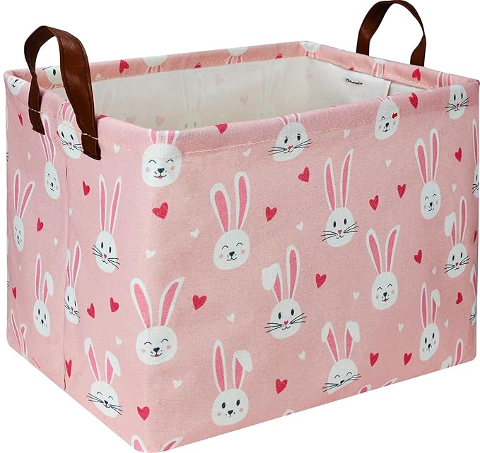 Rectangular Pink Bunny Easter Gift Basket,Pink Storage Basket with Handles,Toys/Books Box,Room Decor(Bunny)