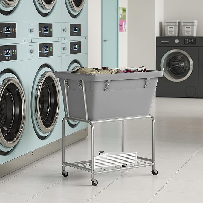 ELYKEN Laundry Cart with Wheels, Rolling Laundry Hamper with Removable Bag and Shelf, Metal Frame Laundry Basket with 4 Casters and 2 Brakes, Ideal for Bedroom, Bathroom, Laundry Room, Gray
