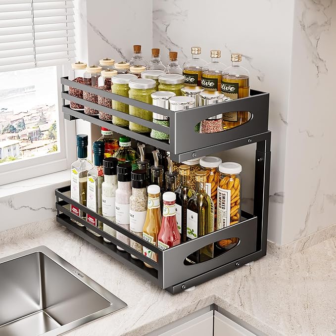Under Sink Organizer, 2 Tier Under Sink Organizers and Storage, Adjustable Height, Slide out Metal Cabinet Organizers, Pull out Cabinet Storage Drawer Shelf for Kitchen Bathroom Black 1Pack