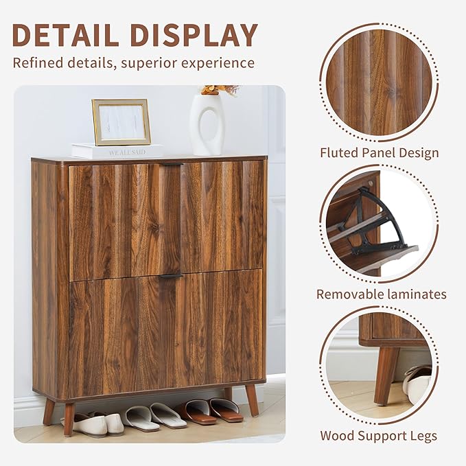 Bifins 31.5” Fluted Shoe Cabinet Storage with 2 Flip Drawers,Narrow Freestanding Shoe Storage Organizer,Slim Shoe Rack Cabinet for Entryway,Hallway (Walnut)