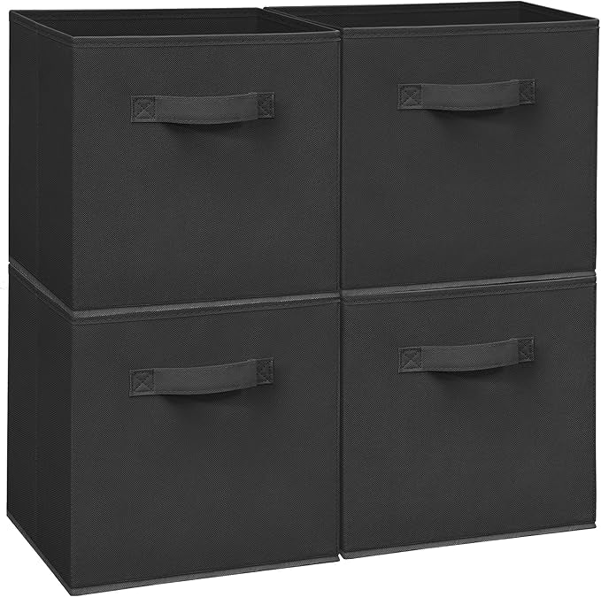 Easi Storage Cubes, 11 Inch Storage Bins, Set of 4, Foldable Fabric Cube Storage Organizer With Handles, Closet Cube Storage Bins, Collapsible Cubby Storage Organizer for Shelves,Offices, Black
