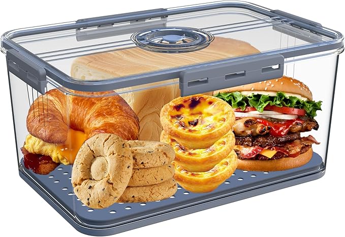 Bread Box Bread Boxes with Lid for Kitchen Counter, Airtight Loaf Bread Storage Container,Large Time Recording Bread Keeper for Homemade Bread, Toast, Bagel, Donut and Cookies (Grey)