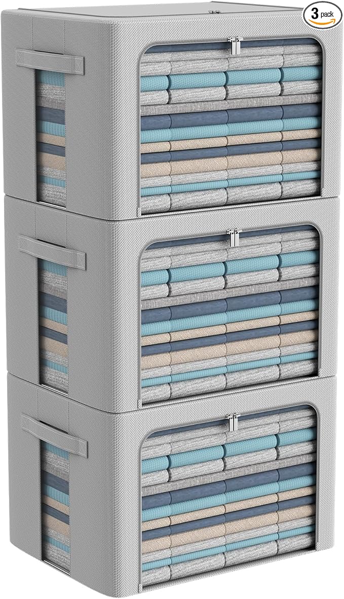CYhom 3Pack Frame Storage Box - Clothes Storage Bin Bags Oxford Fabric Foldable Stackable Container Organizer Set with Clear Window & Carry Handles Large Capacity (Grey, Large-66L)