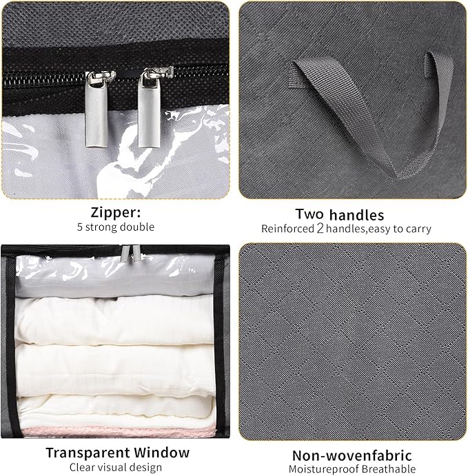 8 Pack Clothes Storage Bags with Zipper, 45L Foldable Blanket Storage Bag with Clear Window Sturdy Handles for Closet, Dorm, Pillows, Bedding, Sheet, Comforter, Gray