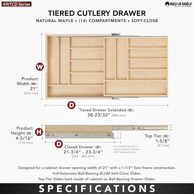 Rev-A-Shelf Two-Tier Kitchen Utensil Drawer Organizer & Pullout Cutlery Tray, Soft-Close Slides, 24" Base & 21" Cabinet Opening, Wood, 4WTCD-24HSC-1