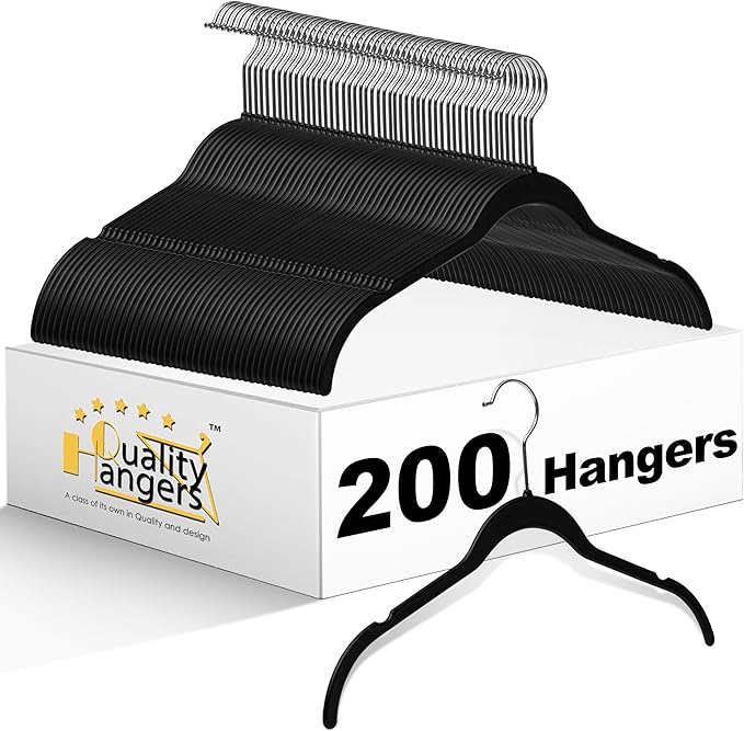 Quality Hangers Clothes Hangers 200 Pack - Non-Velvet Plastic Hangers for Clothes -Heavy Duty Coat Hanger Set -Space-Saving Closet Hangers with Chrome Swivel Hook, Non-Flocked Hangers