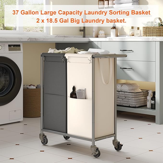 Heybly Laundry Basket, 2 x 18.5 Gal Laundry Separator Hamper with Heavy Duty Rolling Wheels, Divider Sorter with Removable Bags, Dirty Clothes Storage, 29.1 x 15.4 x 33.1 Inches HLH021P02